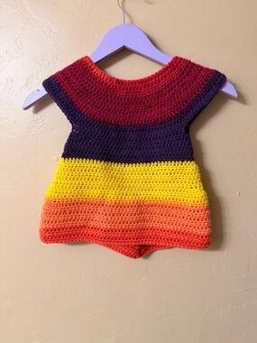 Handmade Kids Crochet Colorblock Romper in Red, Purple, Yellow, Orange